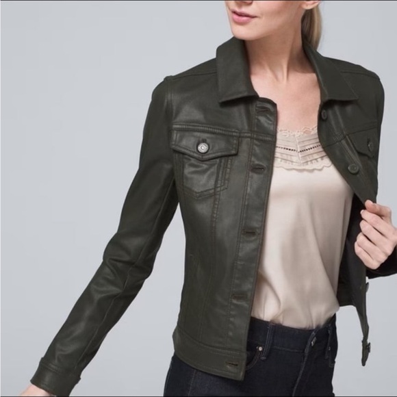 White House Black Market Army Green Denim Jacket Motorcycle Pleather Crop Fall - Picture 1 of 14